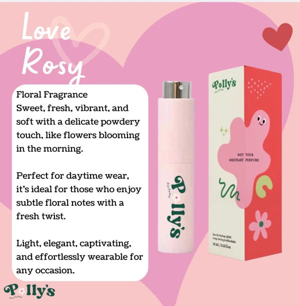 Pink perfume bottle and box with "Love Rosy" and floral fragrance description.
