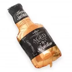 Gold whisky bottle-shaped balloon with "Happy Birthday Aged to Perfection" text for parties.