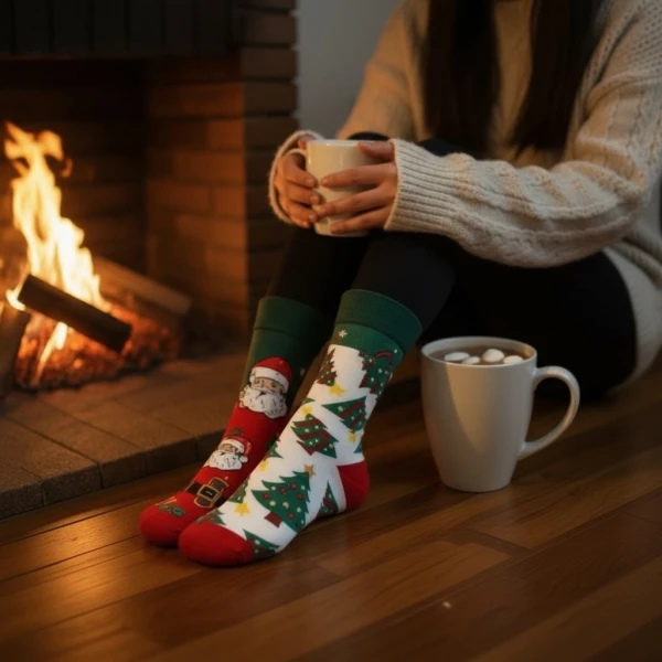 Person wearing Christmas socks sits by fireplace with hot chocolate.