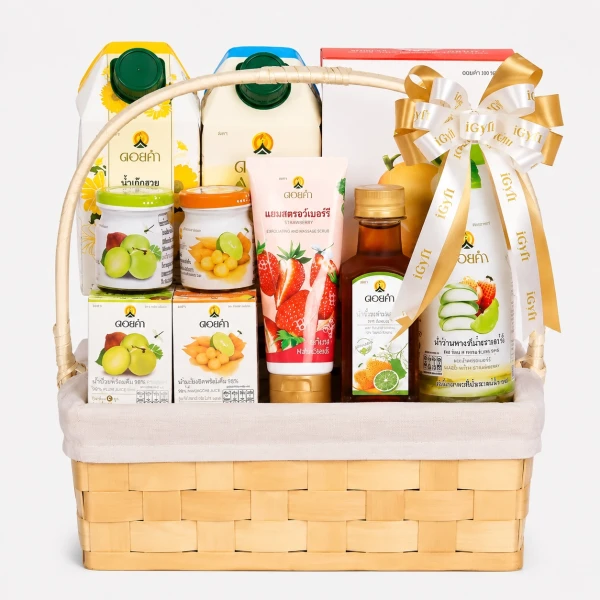 Doi Kham Deluxe Hamper filled with juices, jams, drinks, and a lotion.