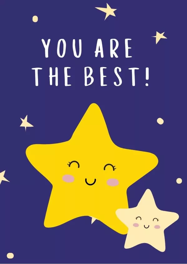A cute card with yellow cartoon stars and "YOU ARE THE BEST!" text on a dark blue background.