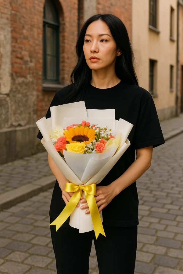 Woman in black holding a bouquet featuring a sunflower, yellow roses, and coral accents, tied with a yellow ribbon.