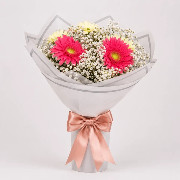 Pink and cream Gerberas with white dry limonium in a bouquet, tied with a peach bow.