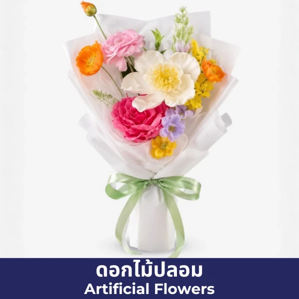 colorful bouquet of artificial flowers wrapped in white paper and tied with ribbon, held by two people.