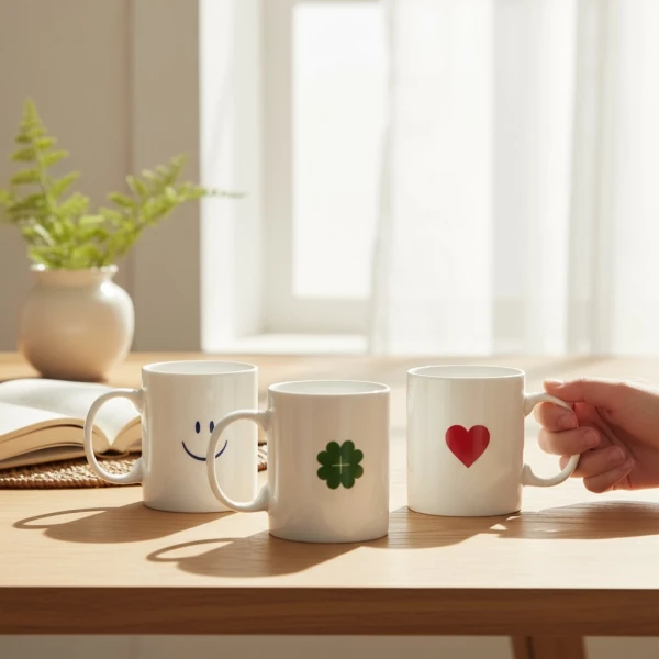 Three white ceramic mugs with simple designs (smiley face, clover, heart) on a wooden table.