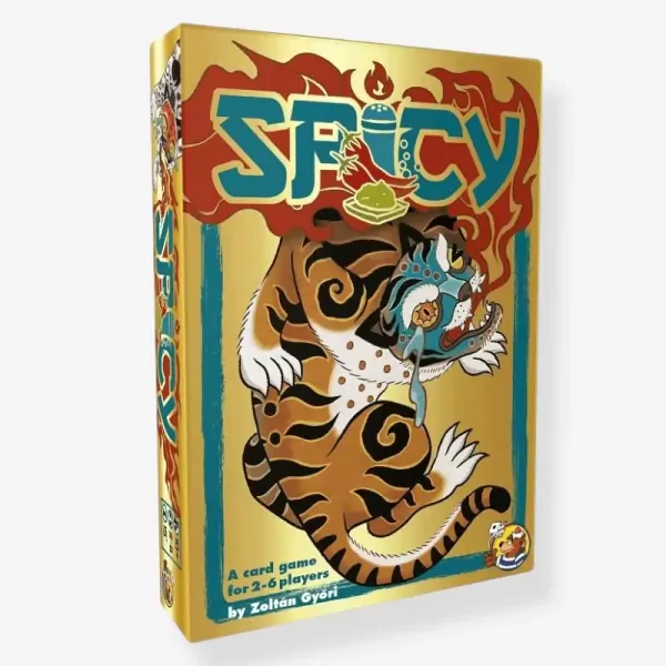 Spicy board game box with a tiger wearing a mask and flames.