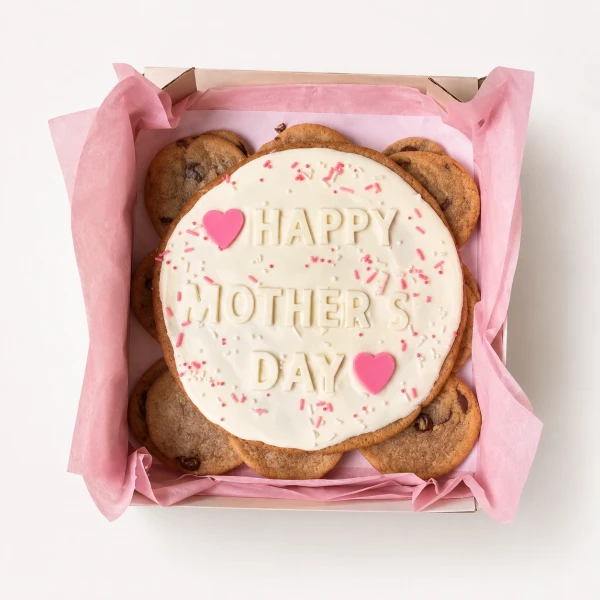 Chocolate chip cookies arranged around a large white iced cookie with "Happy Mother's Day" written on it.