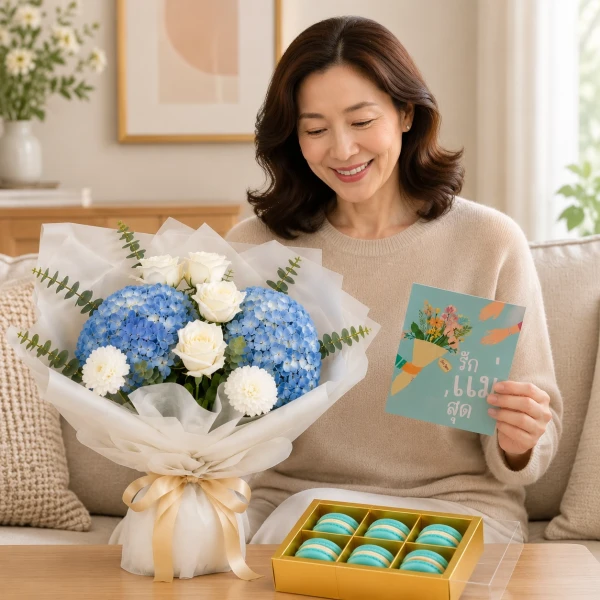 Two light blue cards with floral designs and Thai text.