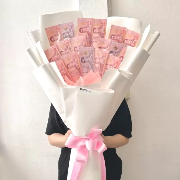 Money bouquet with pastel banknotes and pink ribbon, held by a person.