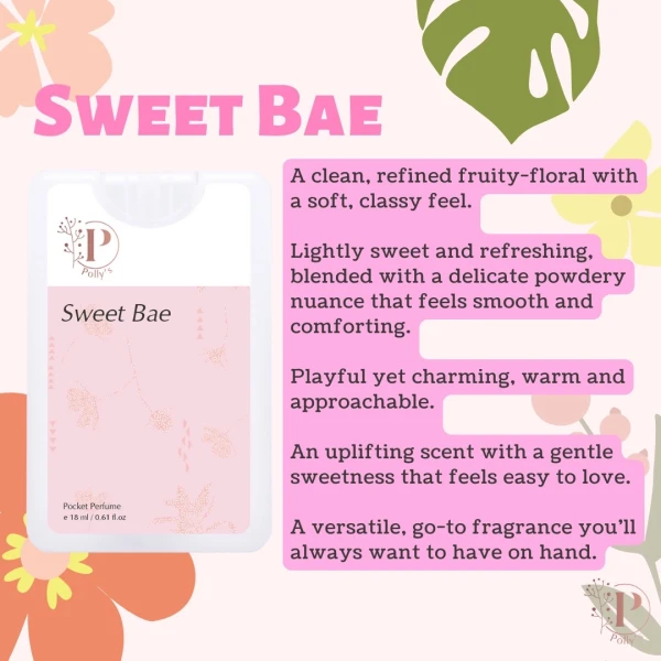 Pocket perfume "Sweet Bae" with floral accents and descriptive text.