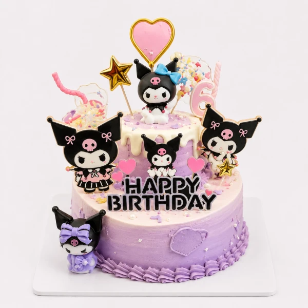 Kuromi themed lilac two-tier birthday cake with character toppers and "Happy Birthday" text.
