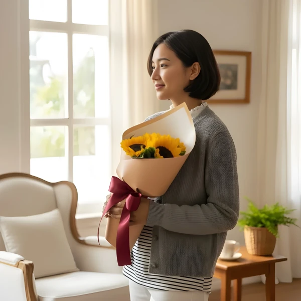 Woman in a gray cardigan holding a bouquet of four sunflowers tied with a red ribbon.