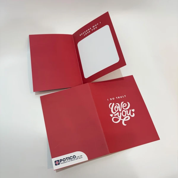 Red "I Truly Love You" card, open, with a blank space for a message and "Reasons why I love you" text.