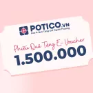 Gift voucher for 1,500,000 VND from POTICO.VN with "Phiếu Quà Tặng E-Voucher" text.
