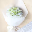 A bouquet of light blue and green hydrangeas wrapped in white paper with a white ribbon.