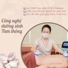 Woman in mask uses device on a person's back, with text about "Tam Thong" wellness.
