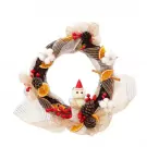 Christmas wreath with pine cones, dried oranges, cinnamon, cotton balls, and a snowman ornament.