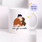 White mug with cartoon couple and Vietnamese text "Anh yêu vợ nhiều!" (I love my wife so much).