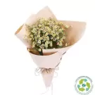 Bouquet of white and yellow daisies wrapped in light brown paper, tied with twine.