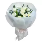White tulips and eucalyptus in a white paper bouquet with a pink ribbon.