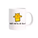 White mug with a cartoon cat and Vietnamese text.
