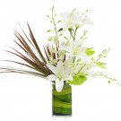 White lilies and green anthurium in a green striped vase.