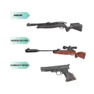 Three types of firearms: a rifle labeled "ARROW", a scoped rifle labeled "HUNTER 1250 PRO", and a pistol labeled "COMPACT PISTOL".