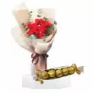 Bouquet of red roses with eucalyptus and a pack of 5 Ferrero Rocher chocolates.