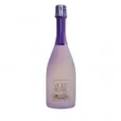 Bottle of Violet Pearl Moscato with a purple neck, frosted glass, and floral designs on the label.