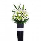White gerbera daisies and green flowers in a tall black vase with a white band.