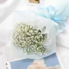 Bouquet of baby's breath flowers wrapped in light blue and white paper, tied with a blue ribbon.
