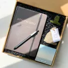 Gift set with a notebook, pen, clip, scented sachet, and sticky notes.