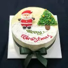 Christmas cake with Santa, tree, "Merry Christmas" text, and green ribbon.