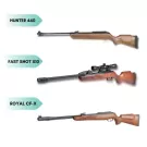 Three rifles, labeled "Hunter 440", "Fast Shot X10" (with scope), and "Royal CF-X".