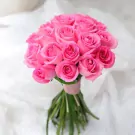 Pink rose bridal bouquet tied with ribbon, with green stems.
