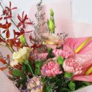 Pink Anthurium, carnations, and orchids in a floral arrangement.