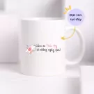 White ceramic mug with "Thank you Thao My for the past days!" and a cartoon cat.