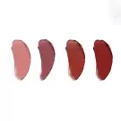 Four lipstick swatches in shades of pink, berry, terracotta, and deep red.
