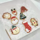 Christmas cookies in gift box: Santa, snowman, reindeer, tree, stocking, bell, snowflake, gingerbread man.