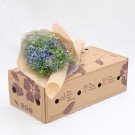 Bouquet of blue Bibi flowers and greenery in kraft paper on a cardboard box.