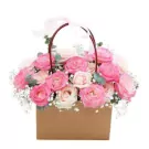 Basket of pink and cream roses with baby's breath and greenery, tied with a pink ribbon.