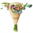 Cone-shaped bouquet of spring flowers with "Wishing you a GREAT DAY!" text.