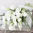White calla lily bouquet tied with lace ribbon, resting on books.