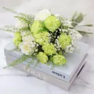 White roses and green carnations with baby's breath in a bridal bouquet.