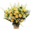 Yellow roses in a wooden box with green ribbon, a vibrant floral arrangement.