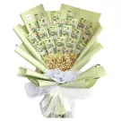 Money bouquet with light green wrapping and white ribbon, featuring numerous Vietnamese 100,000 Dong banknotes.