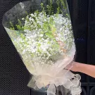 White baby's breath bouquet wrapped in clear plastic with a cream ribbon.