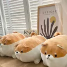 Three chonky Shiba Inu plush toys with tan and white fur, arranged on a textured surface in front of a window and art print.