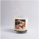 A white candle with a "Blossom" label featuring pink flowers in a glass jar.
