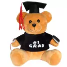 Graduation teddy bear wearing a cap and gown, holding a bouquet of Ferrero Rocher chocolates.